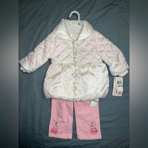 3 pc toddler girl ballerina set w/ puffer coat, fancy top, and embroidered pants